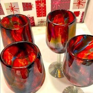 Hand Blown Iridescent Art Glass Red Phoenix Fire Wine Glass Set of 4